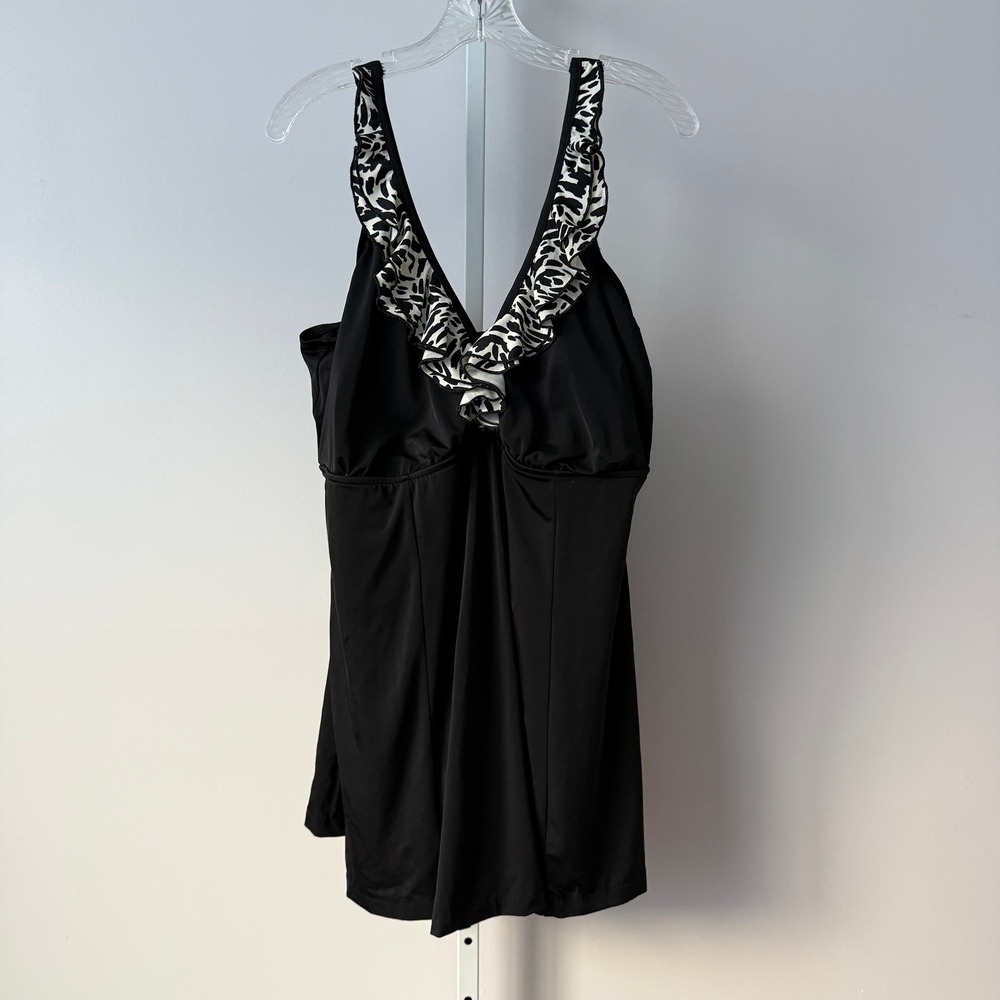 Maxine of Hollywood 18 Black Swimdress Ruffle Animal Print One Piece Swimsuit